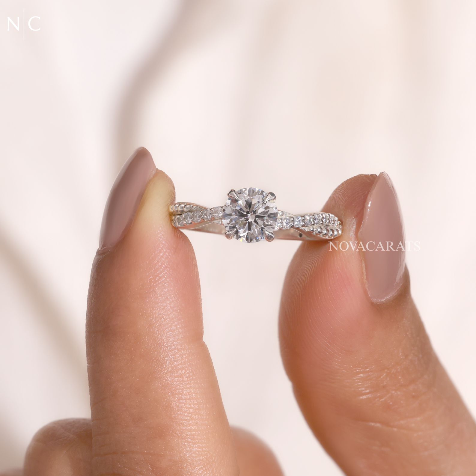 Round Cut Beaded Twist Pave Diamond Ring