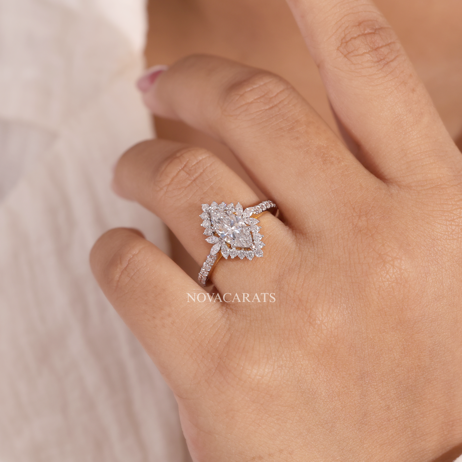 Marquise Cut Floral Halo Vintage Inspired Engagement Ring
