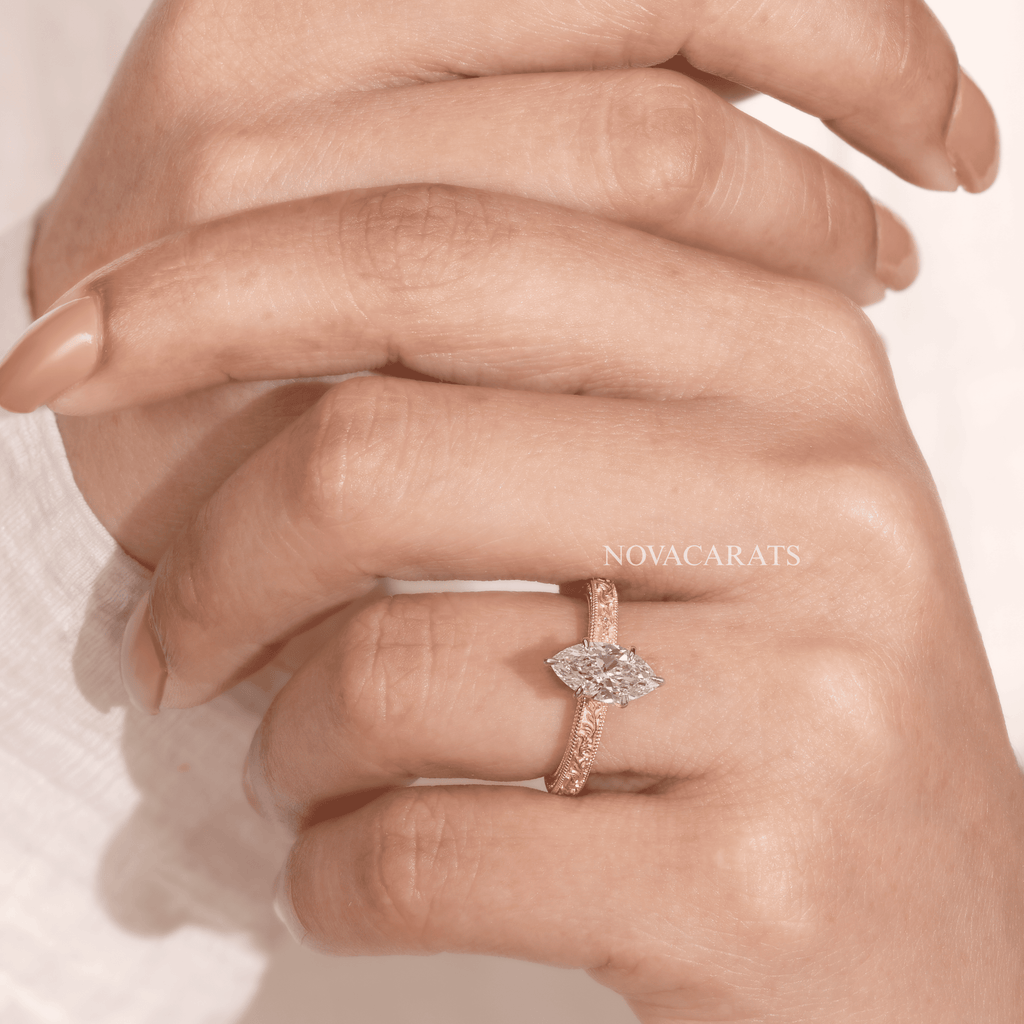 Marquise Cut Vintage Floral Engraved Ring