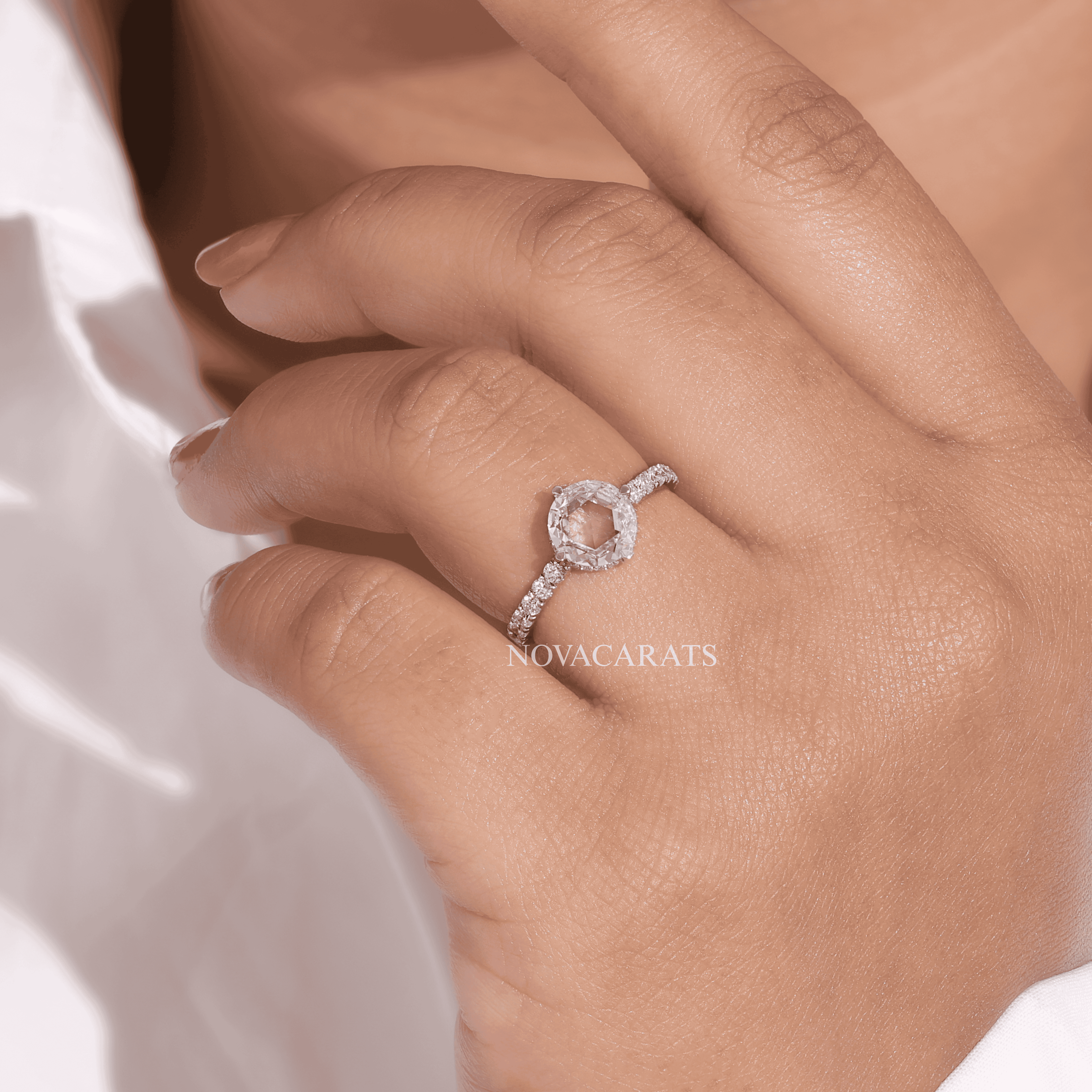 Round Rose Cut Hidden halo Pave Diamond Ring