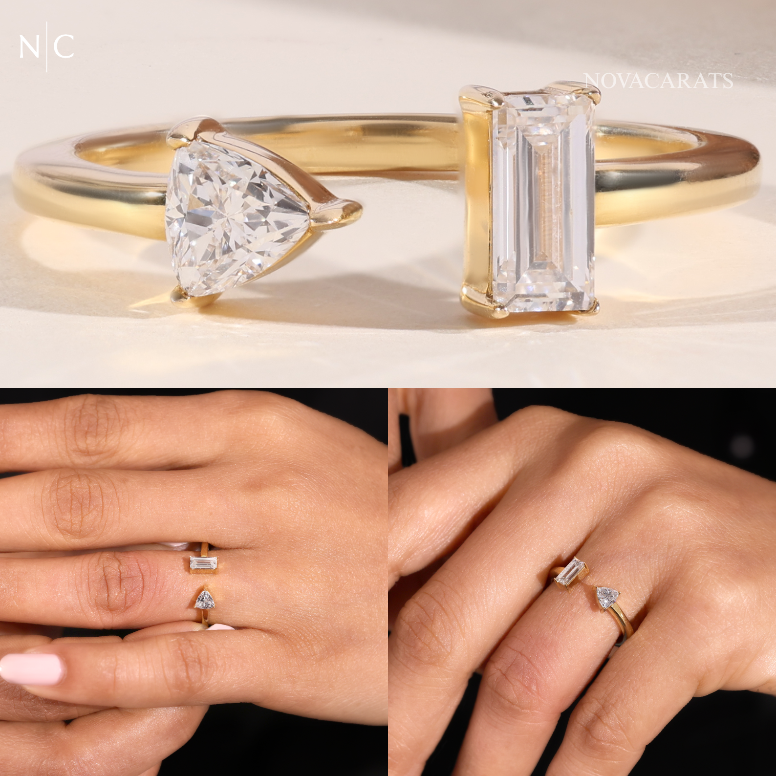 Modern Bypass Emerald & Trillion Cut Diamond Ring