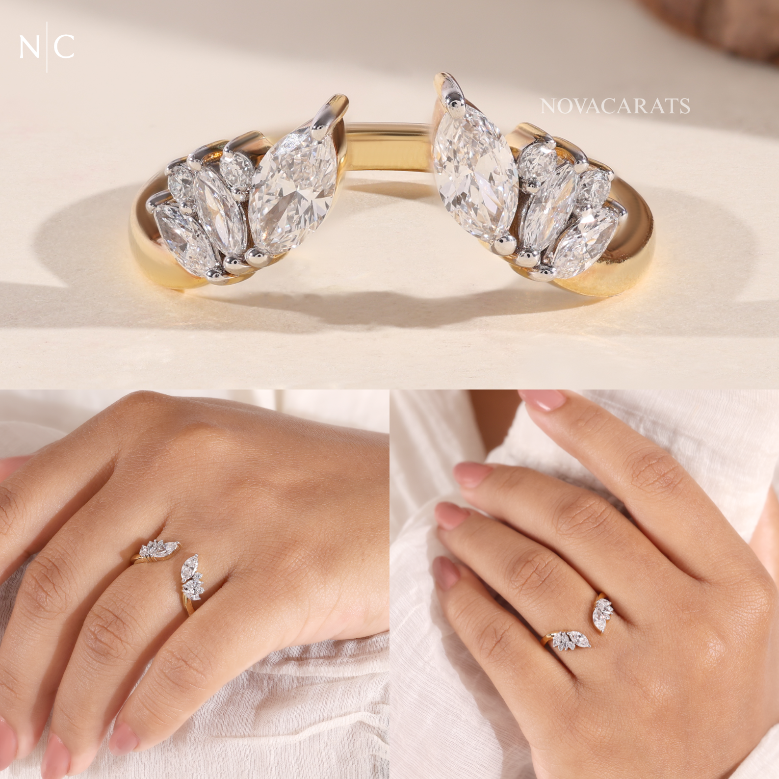 Unique Open Bypass Floral Wedding Ring