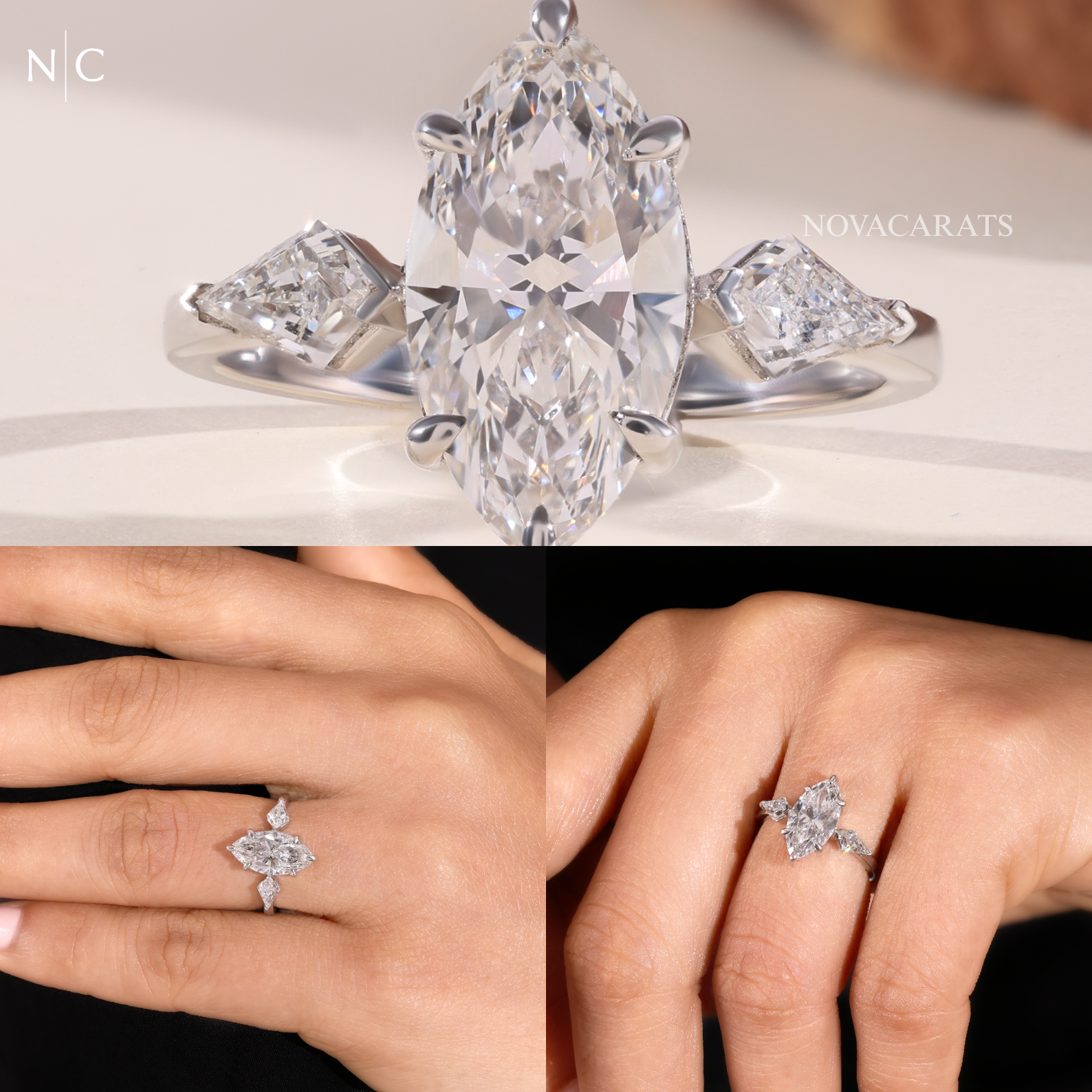 Modern Marquise Kite Side Stone Solitaire Ring