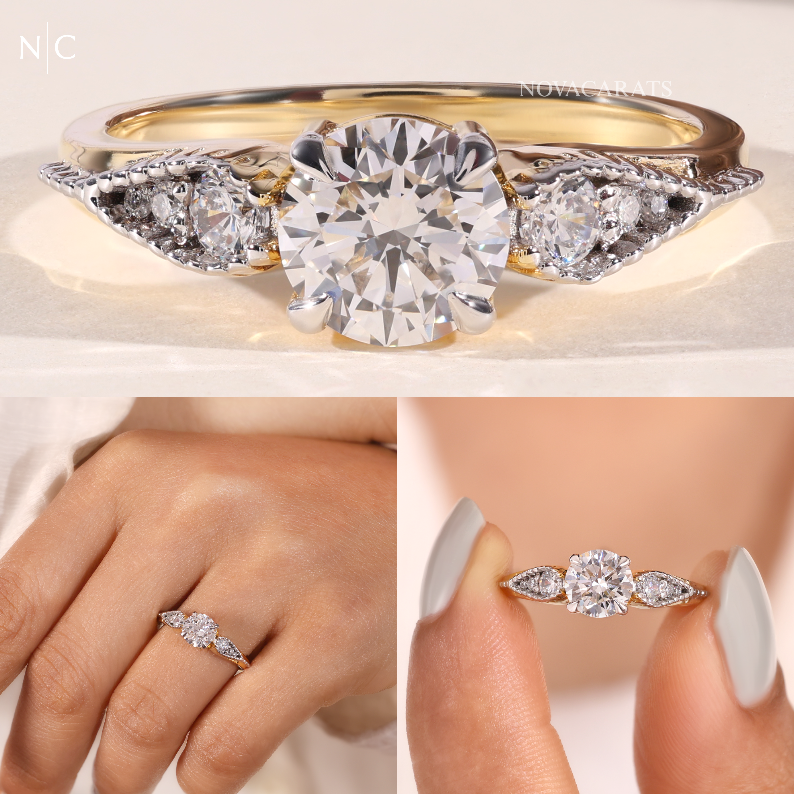 Round Cut Marquise Side Stone Ring