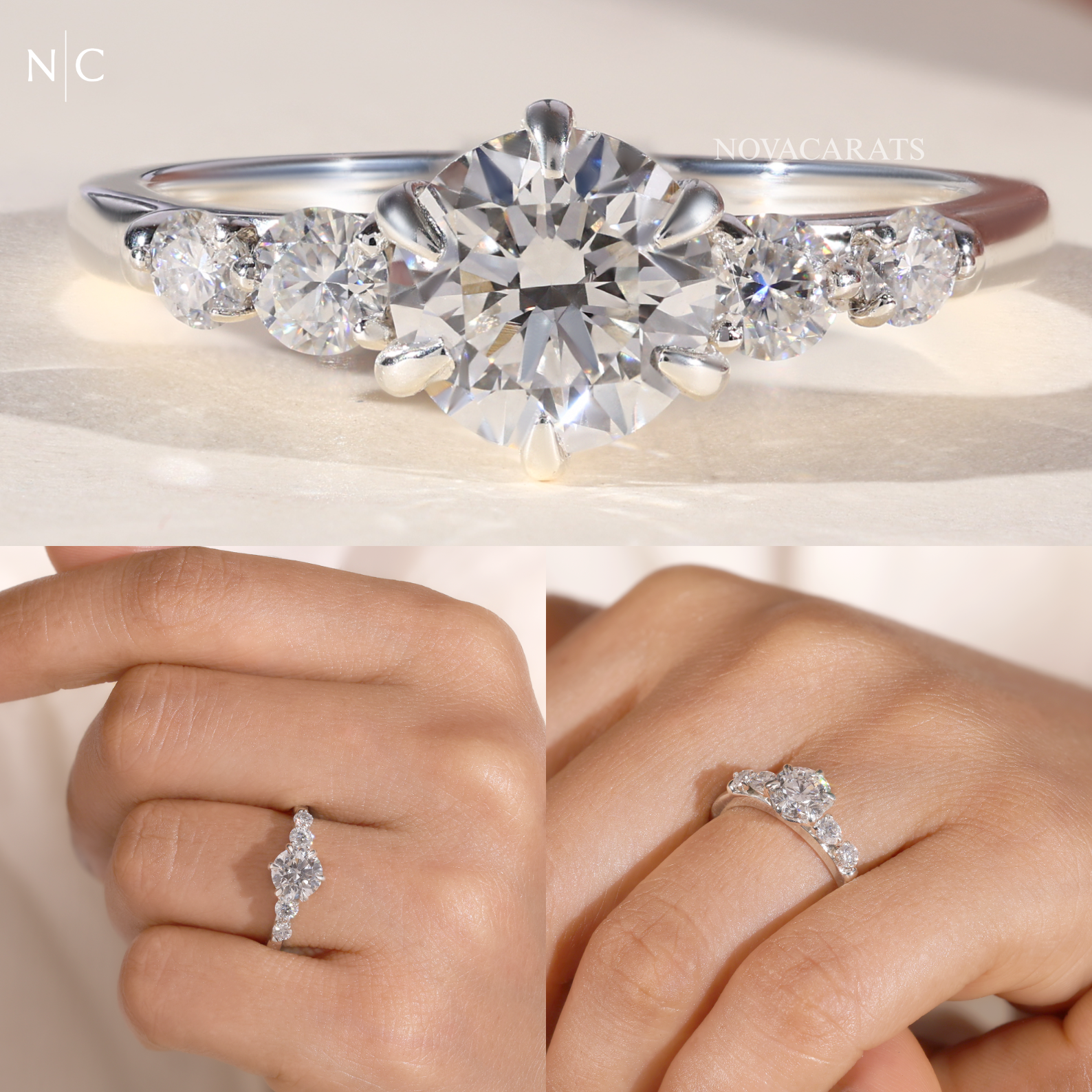 Graduated Round Cut Cascading Side Stone Cluster Ring