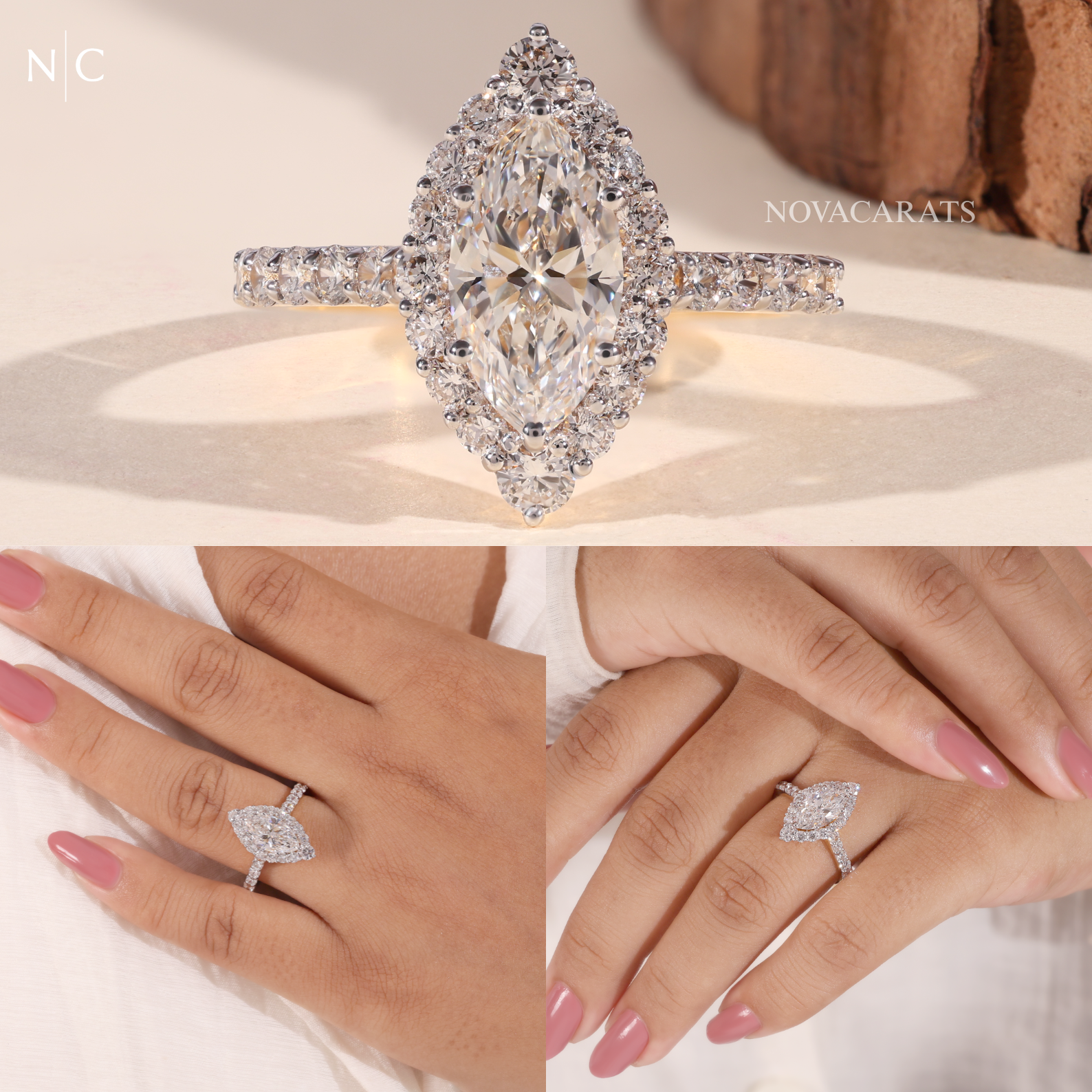 Marquise Cut Unique Floral Halo Ring
