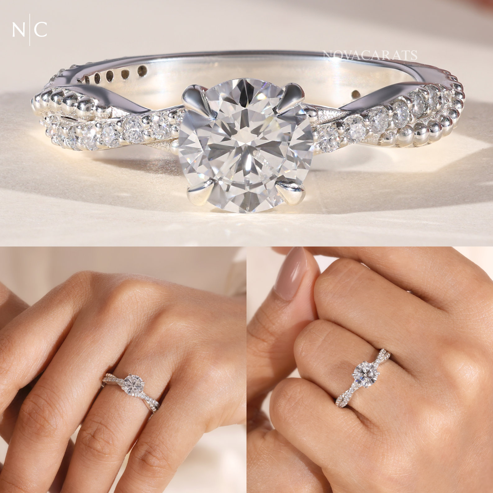 Round Cut Beaded Twist Pave Diamond Ring