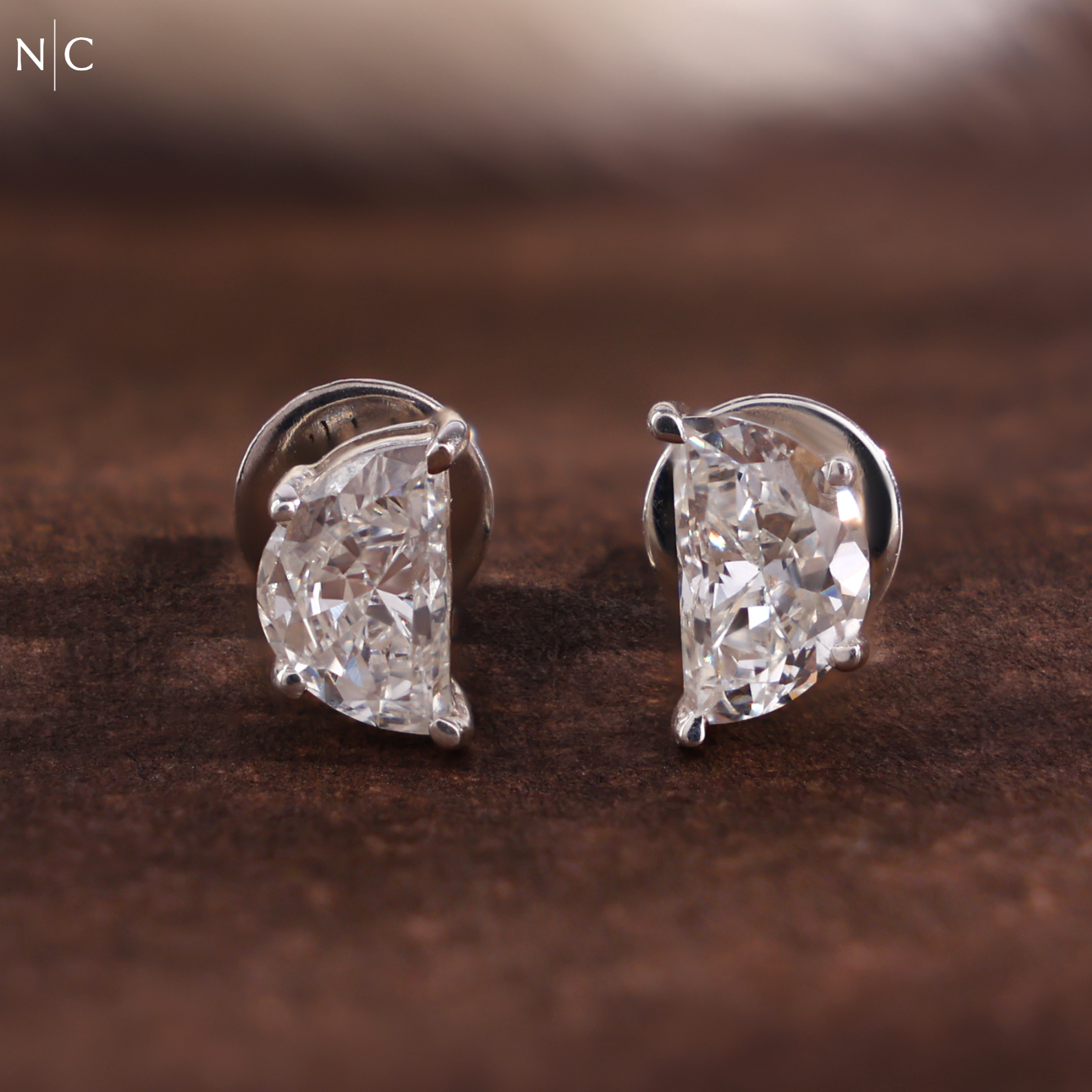 Half Moon Cut Solitaire Stud Earrings