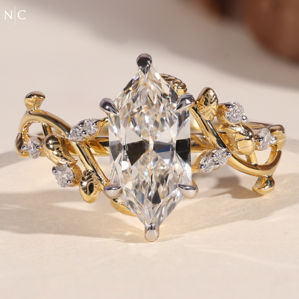 Marquise Cut Unique Botanical Nature Inspired Diamond Ring