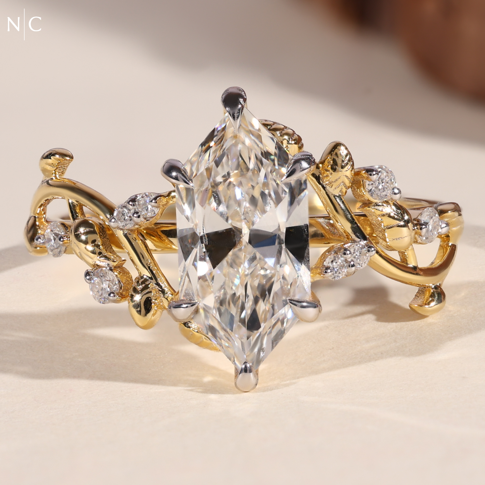 Marquise Cut Unique Botanical Nature Inspired Diamond Ring