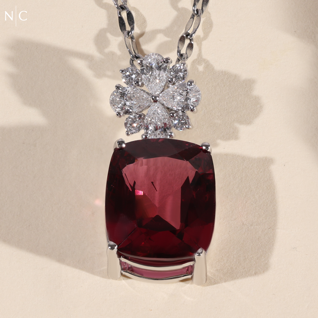 Cushion Cut Ruby Flower Accent Pendent