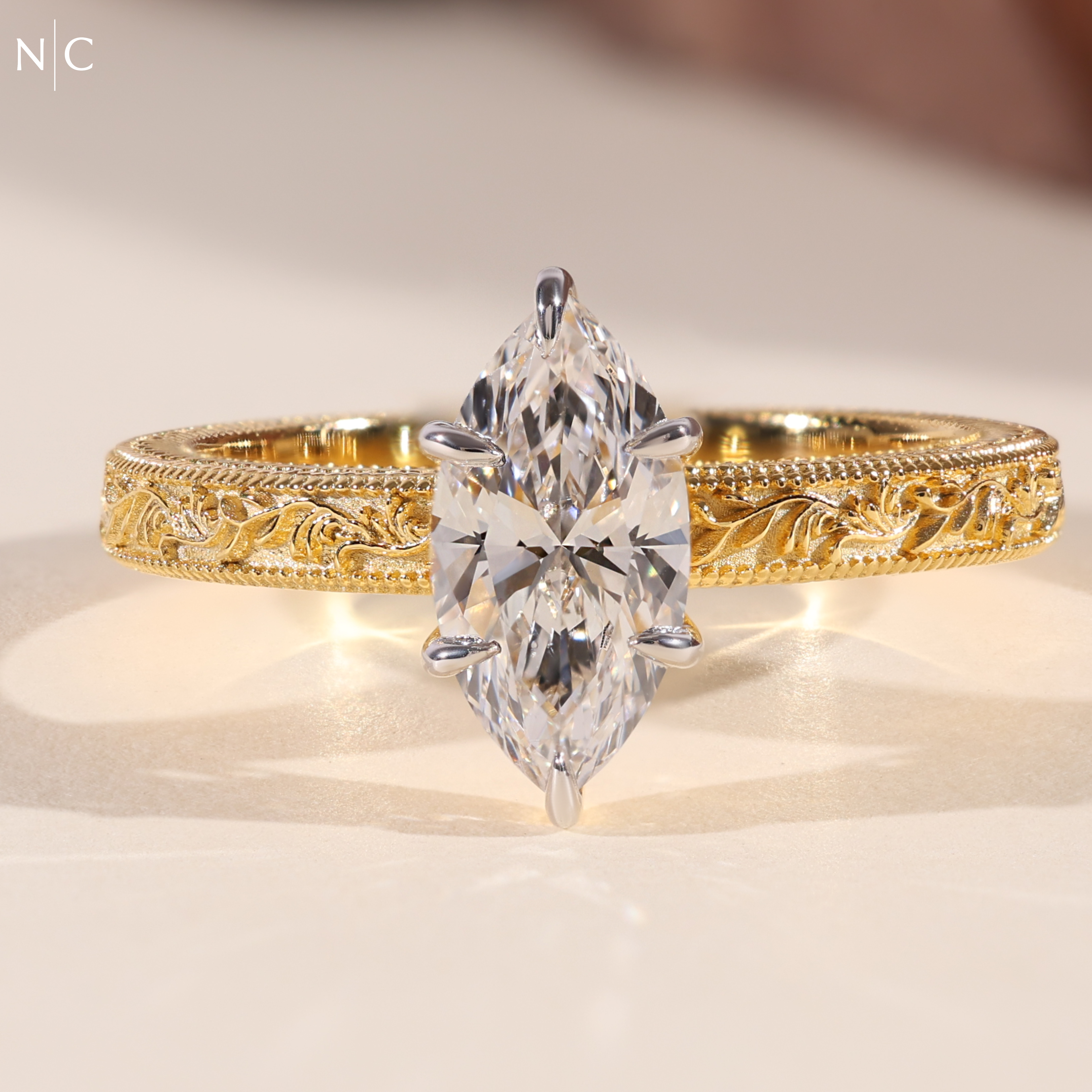Marquise Cut Vintage Floral Engraved Ring
