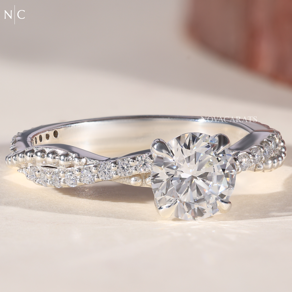 Round Cut Beaded Twist Pave Diamond Ring