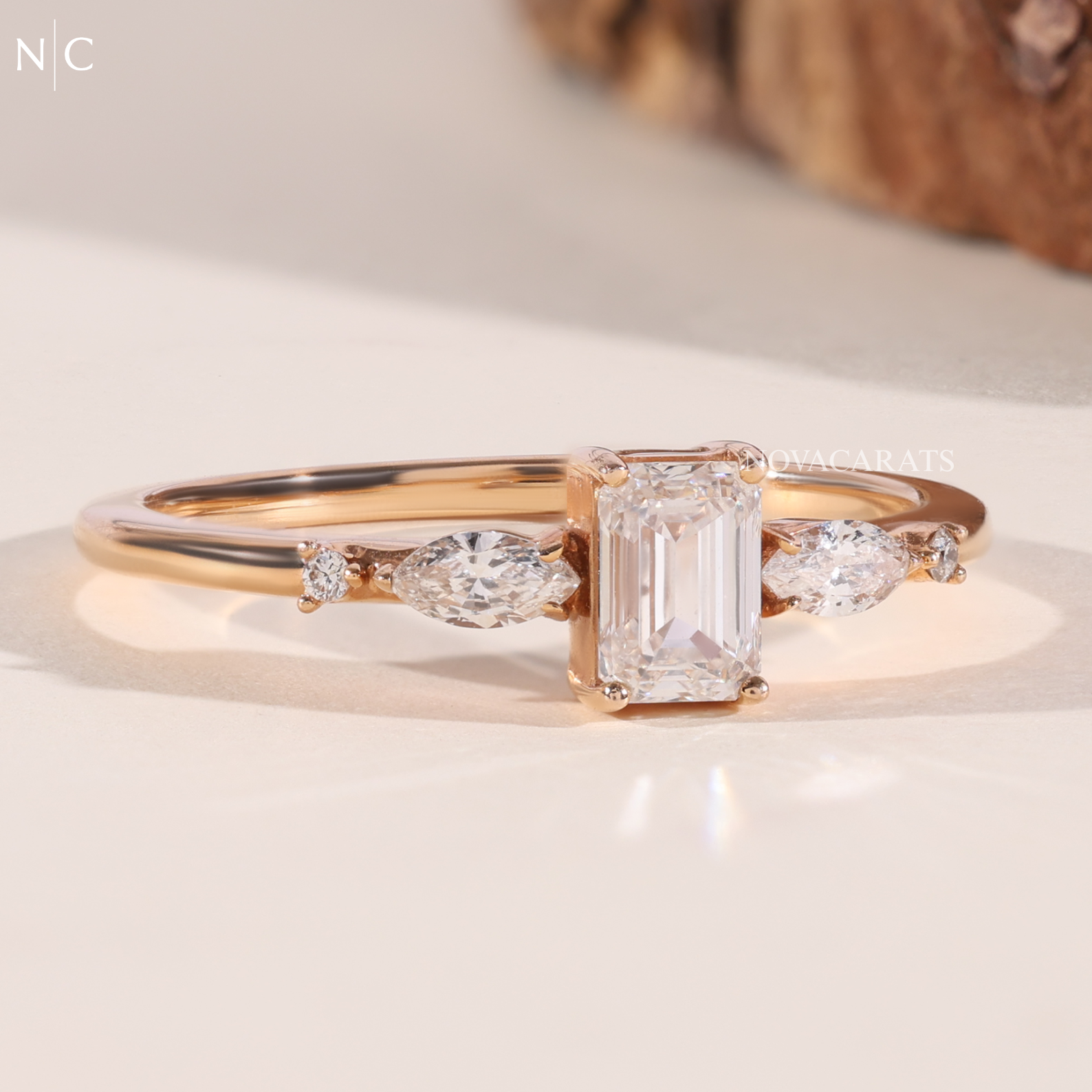 Nature Inspired Emerald Cut Accent Solitaire Ring