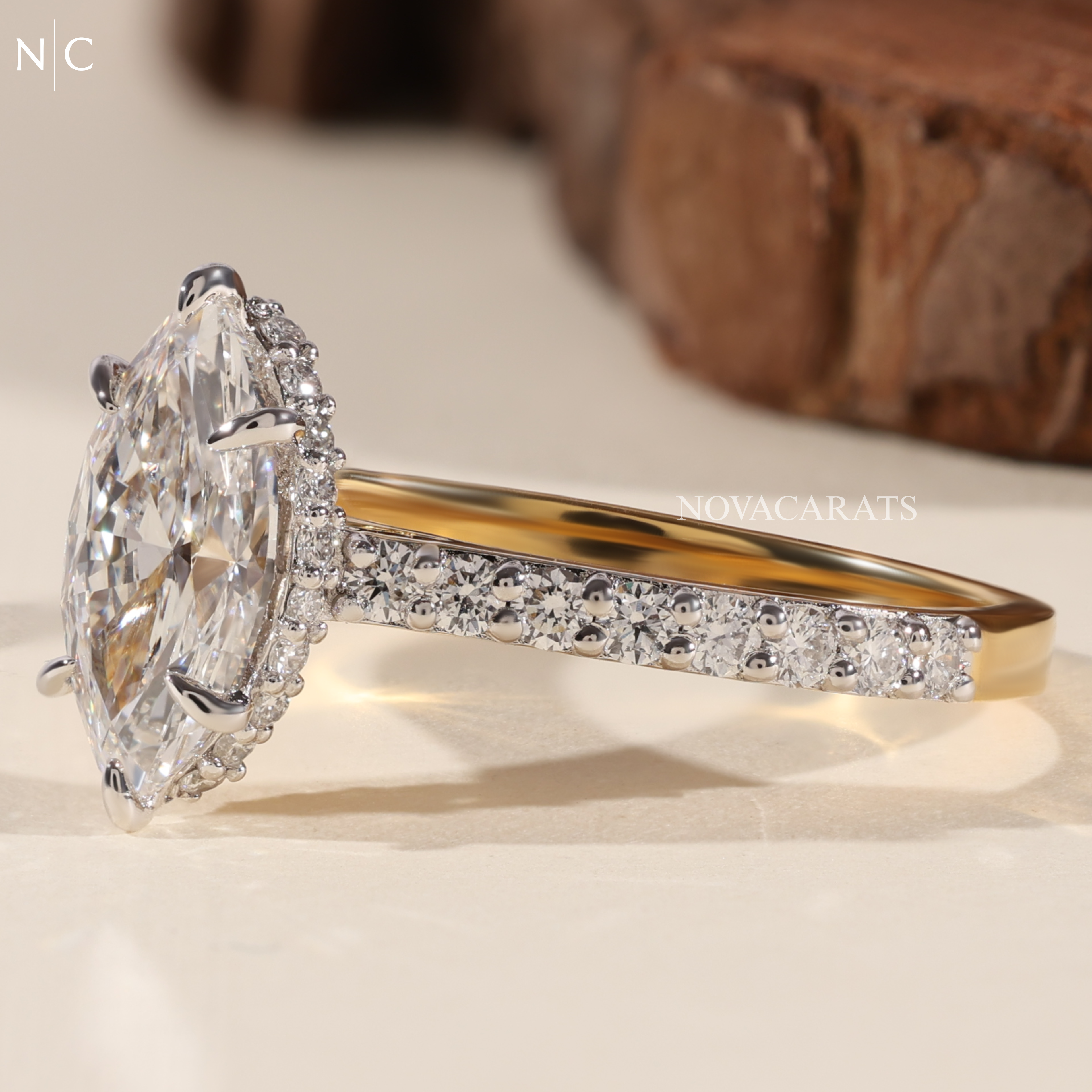 Marquise Cut Unique Hidden Halo Engagement Ring