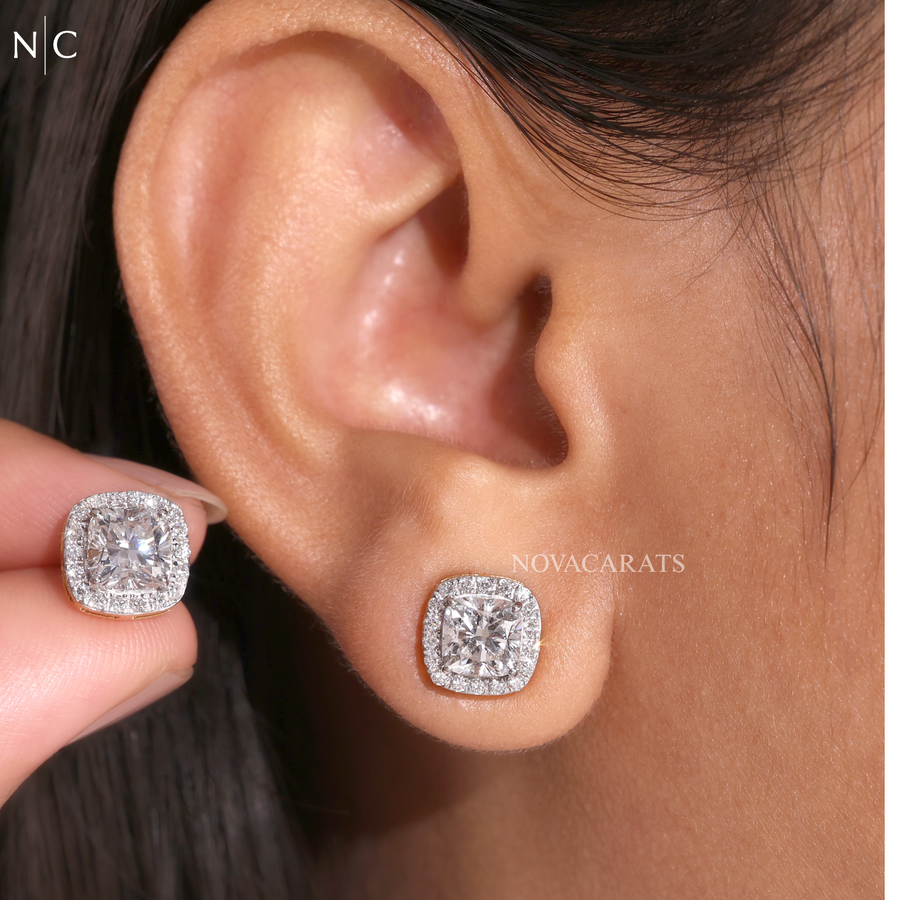 Cushion Cut Halo Stud Earrings