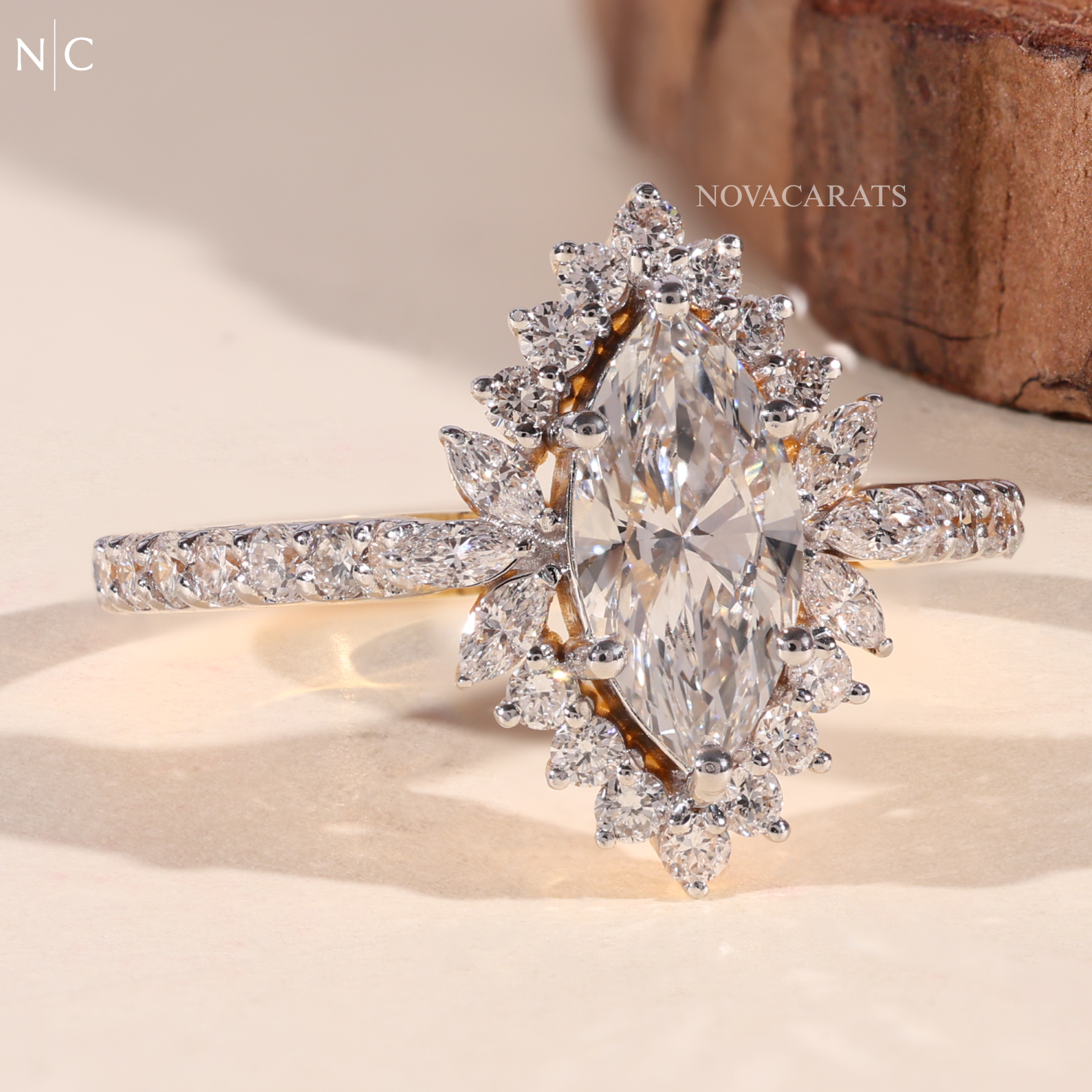 Marquise Cut Floral Halo Vintage Inspired Engagement Ring