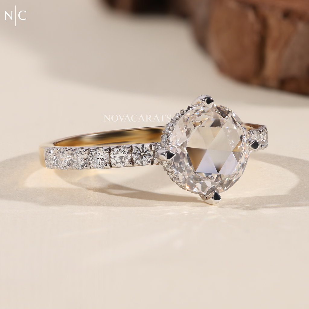 Round Rose Cut Hidden halo Pave Diamond Ring