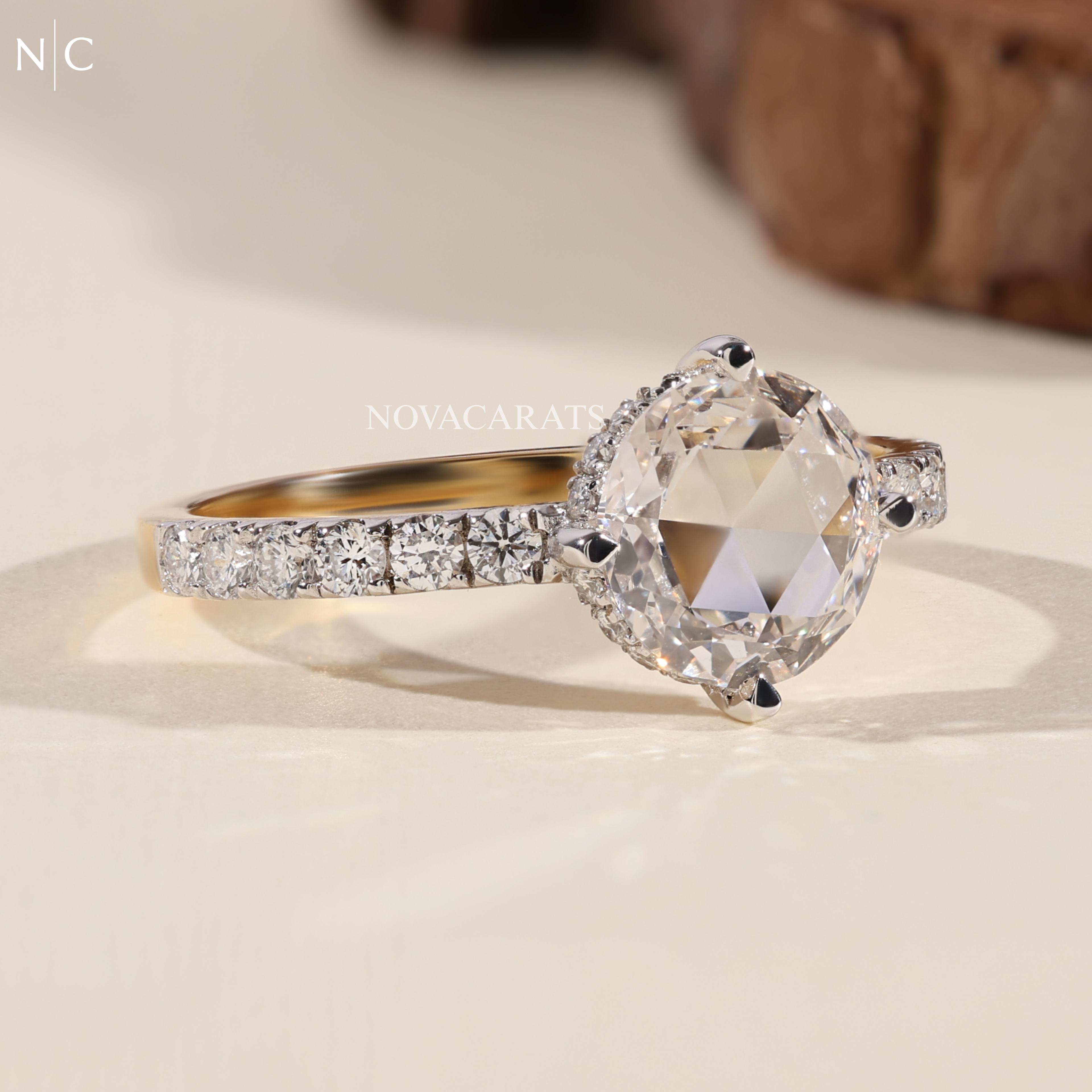 Round Rose Cut Hidden halo Pave Diamond Ring