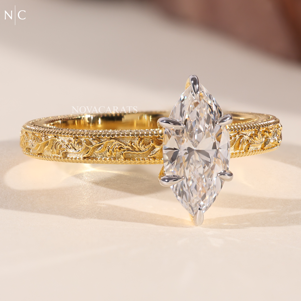 Marquise Cut Vintage Floral Engraved Ring