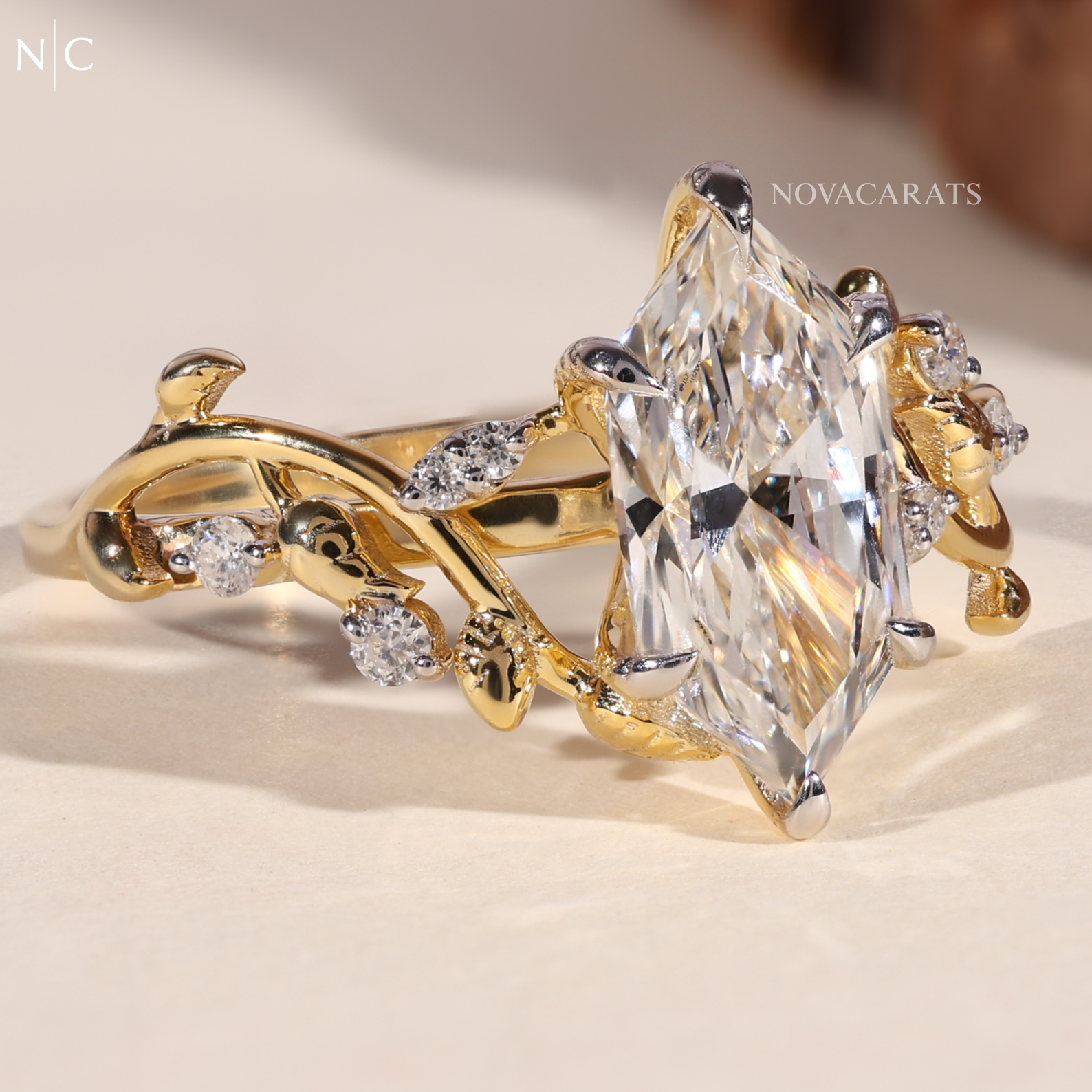 Marquise Cut Unique Botanical Nature Inspired Diamond Ring