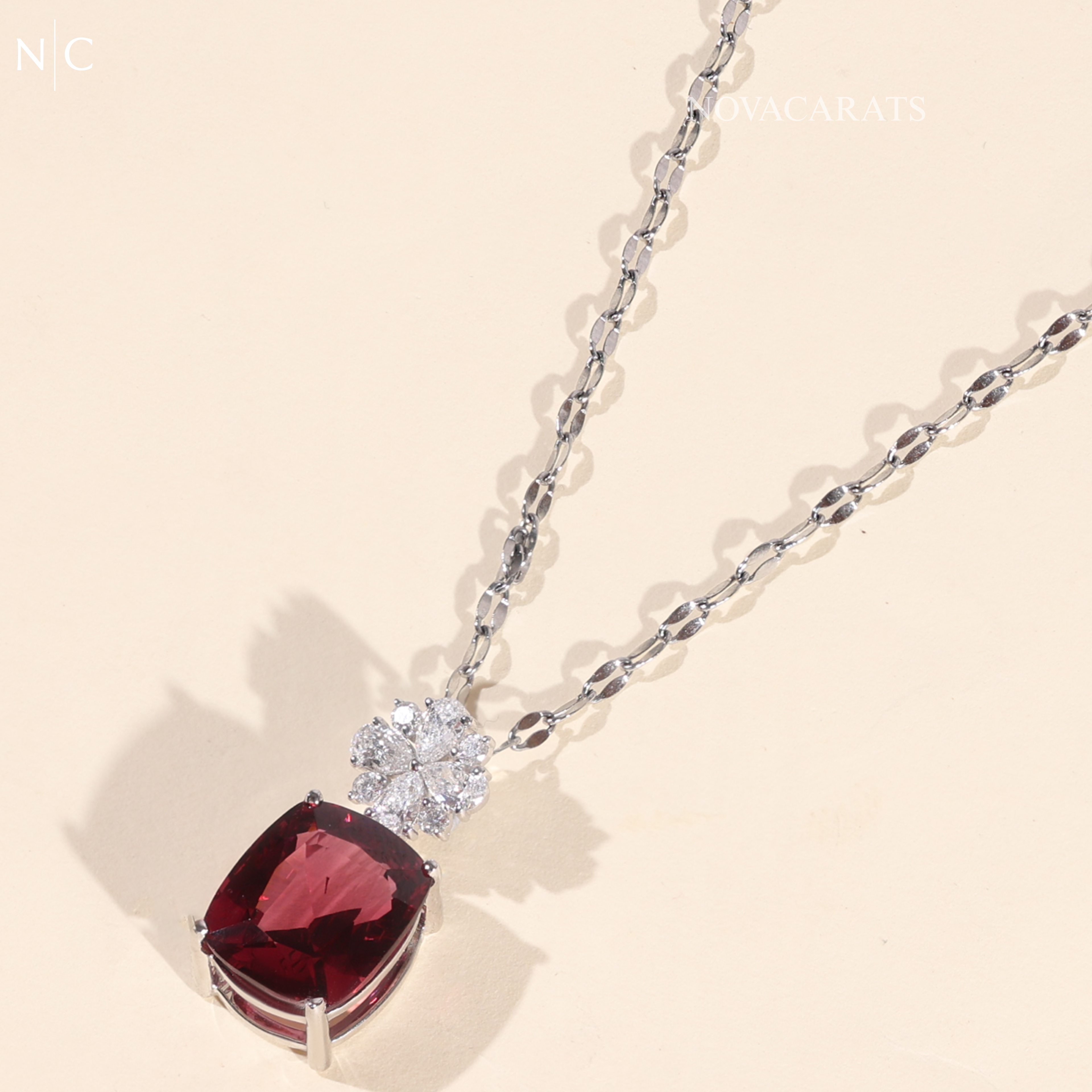 Cushion Cut Ruby Flower Accent Pendent