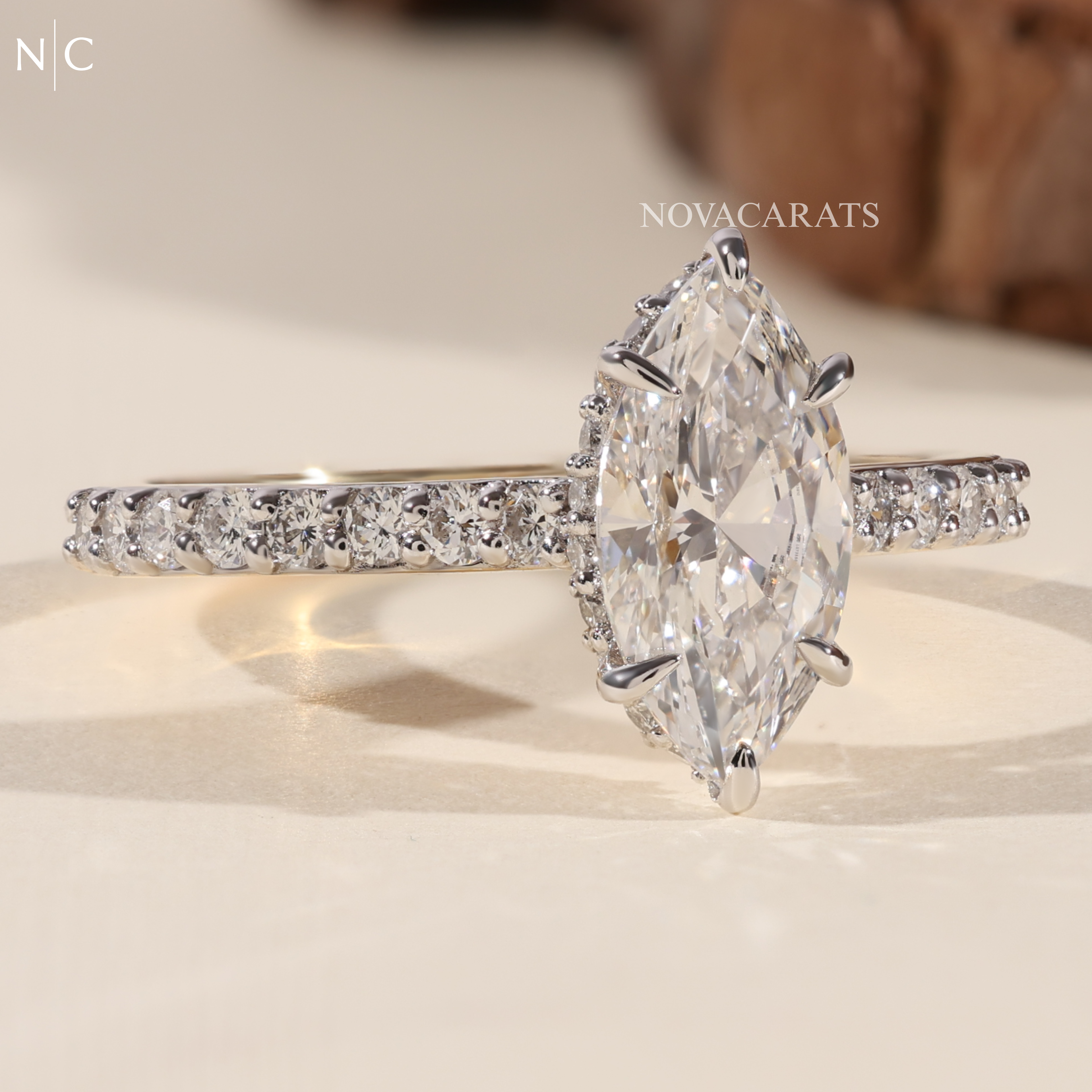 Marquise Cut Unique Hidden Halo Engagement Ring