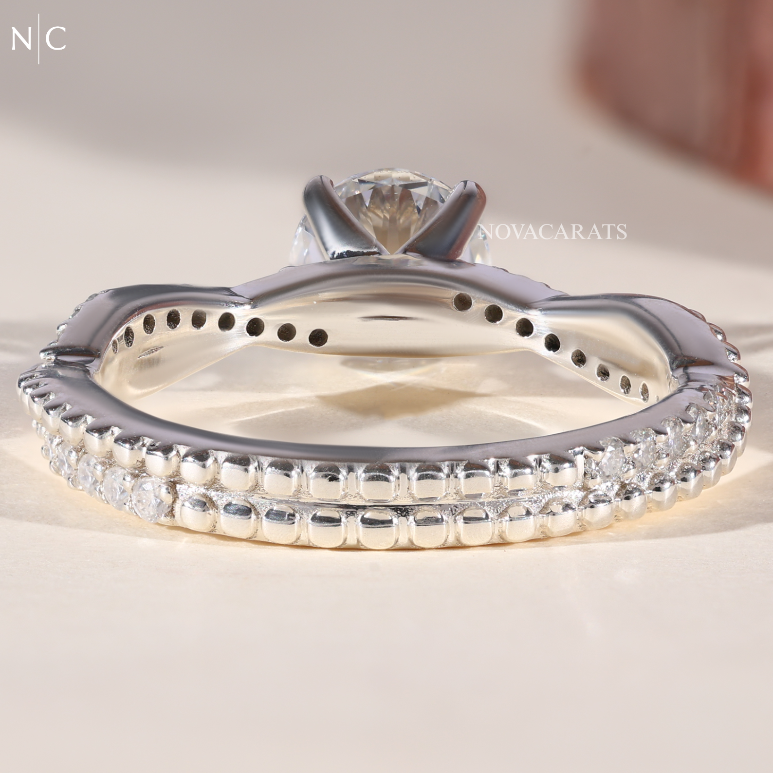 Round Cut Beaded Twist Pave Diamond Ring