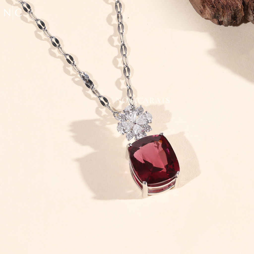 Cushion Cut Ruby Flower Accent Pendent