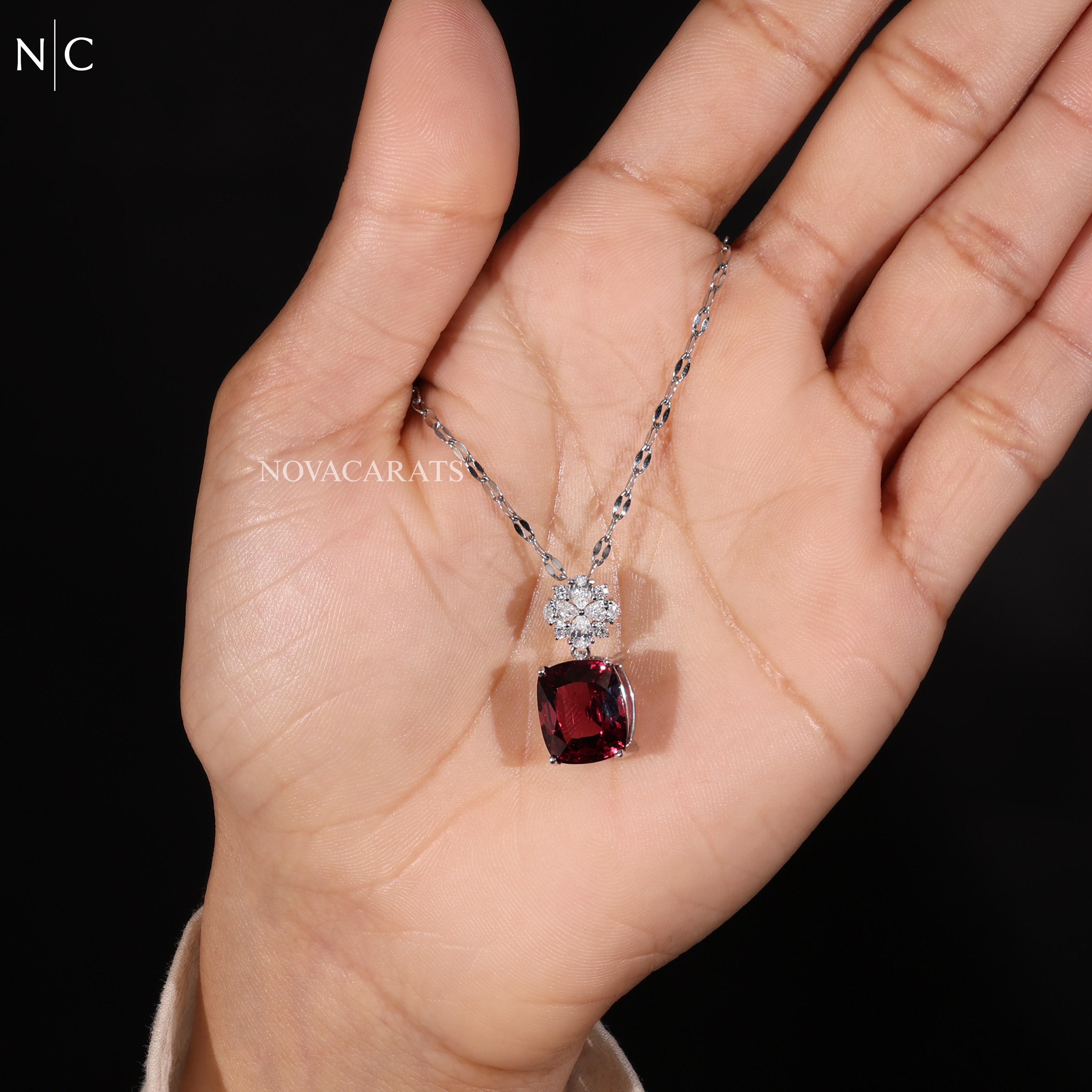 Cushion Cut Ruby Flower Accent Pendent