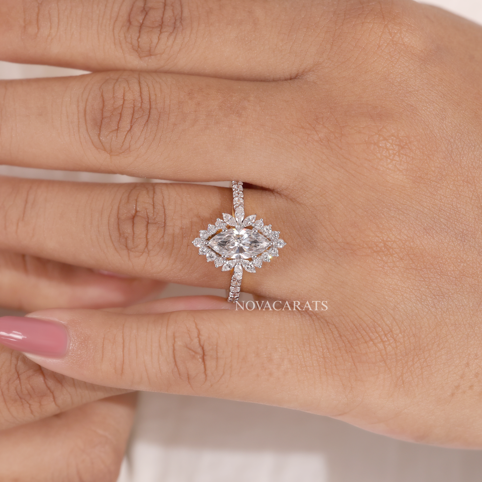 Marquise Cut Floral Halo Vintage Inspired Engagement Ring