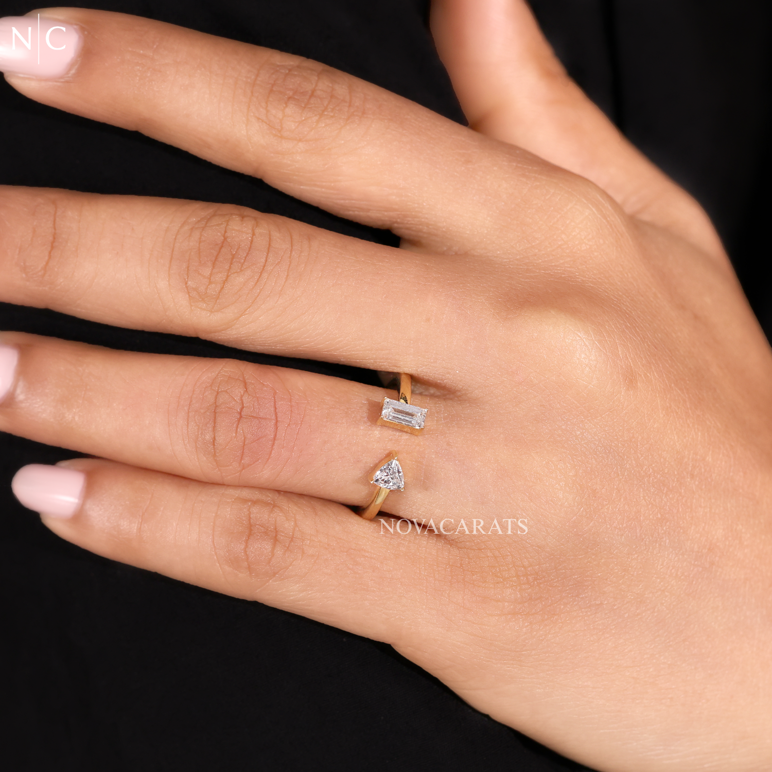 Modern Bypass Emerald & Trillion Cut Diamond Ring