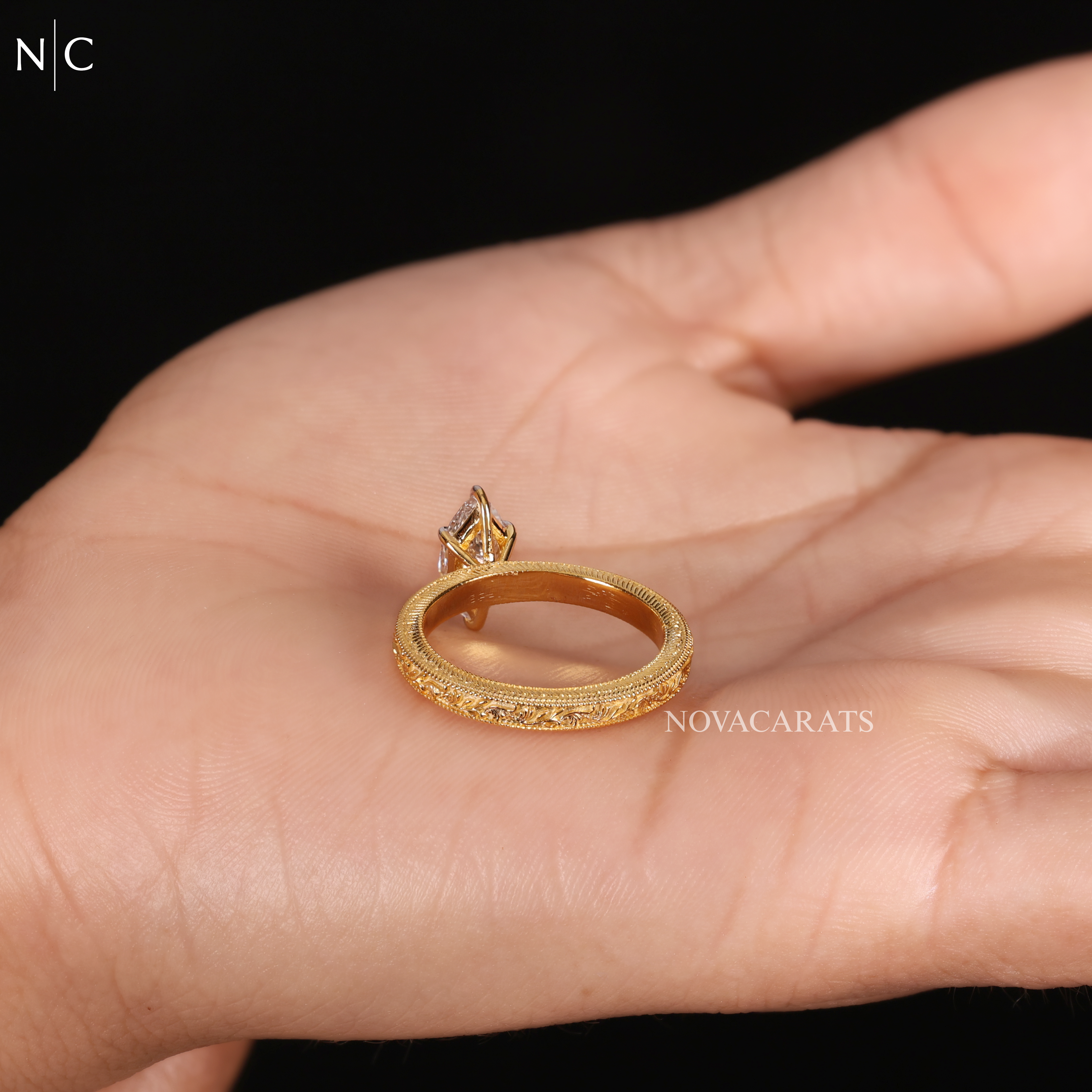 Marquise Cut Vintage Floral Engraved Ring