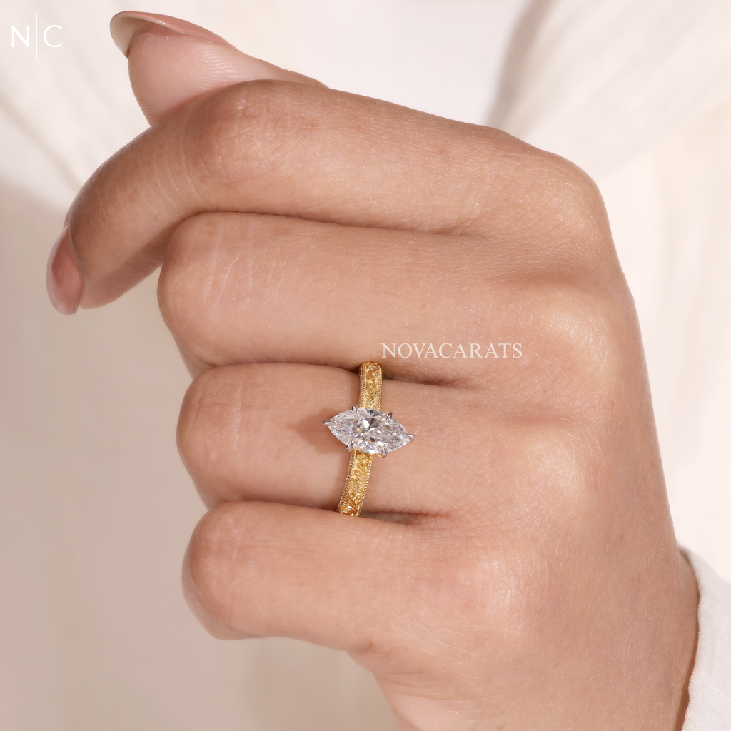 Marquise Cut Vintage Floral Engraved Ring