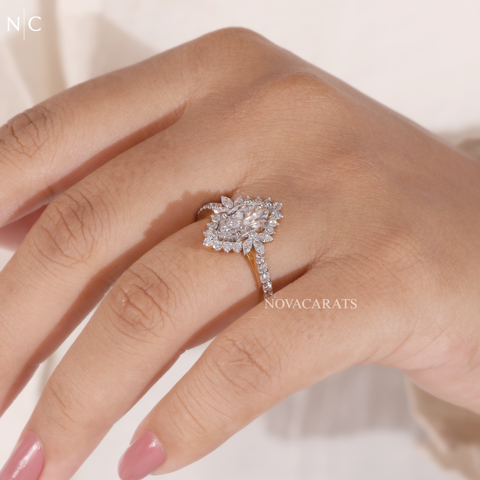 Marquise Cut Floral Halo Vintage Inspired Engagement Ring