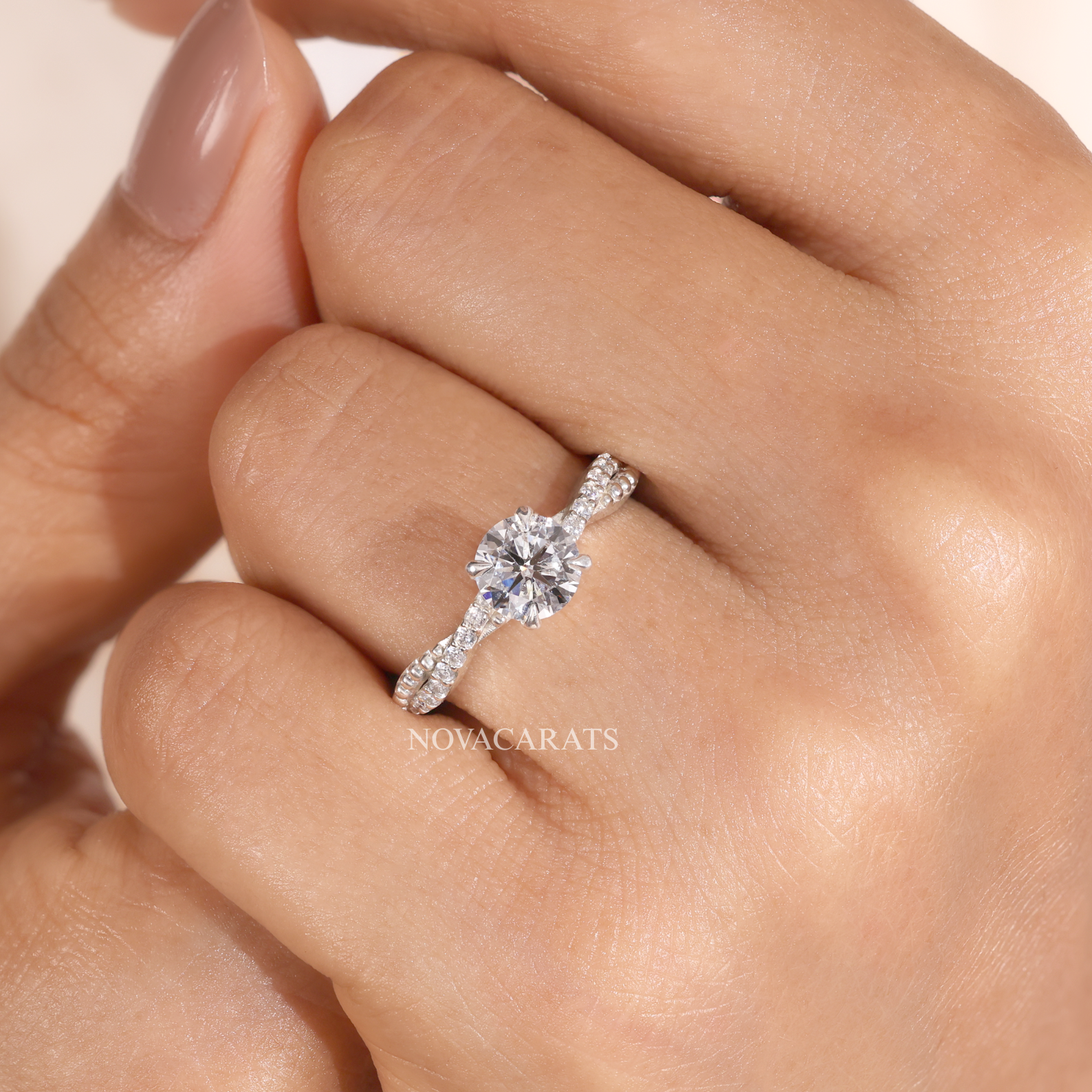 Round Cut Beaded Twist Pave Diamond Ring